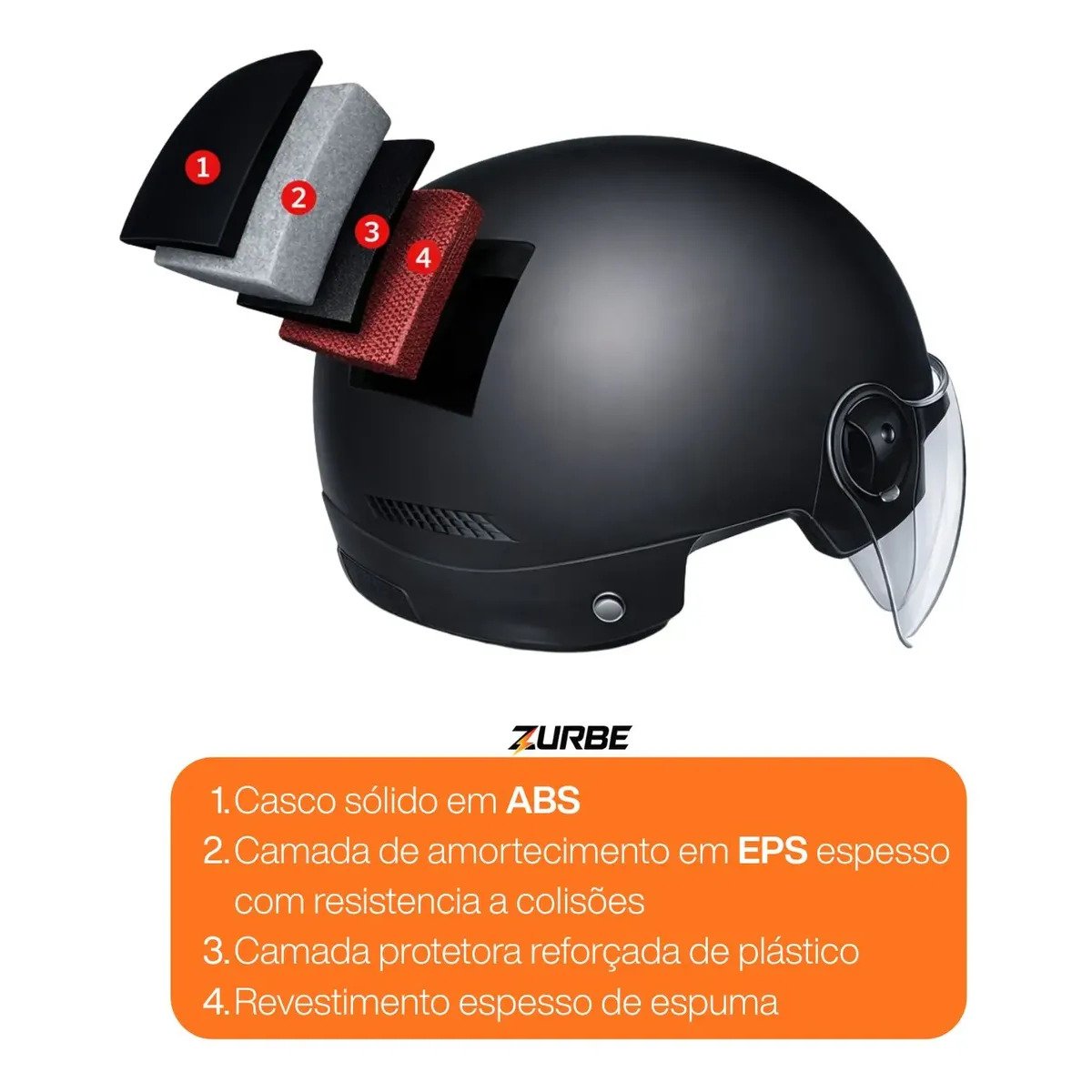 Capacete Coquinho C/ Viseira Scooter Elétrica Unissex Zurbe - Imagem 3